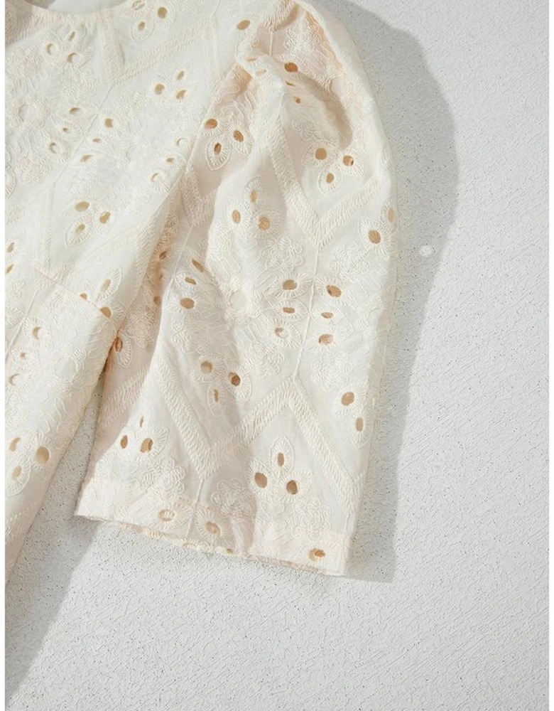 Beige Eyelet Embroidered Half Sleeve Casual Blouse