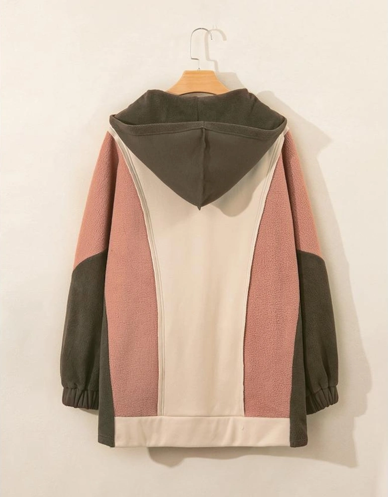 Beige Oversized Color Block Patchwork High Low Hoodie