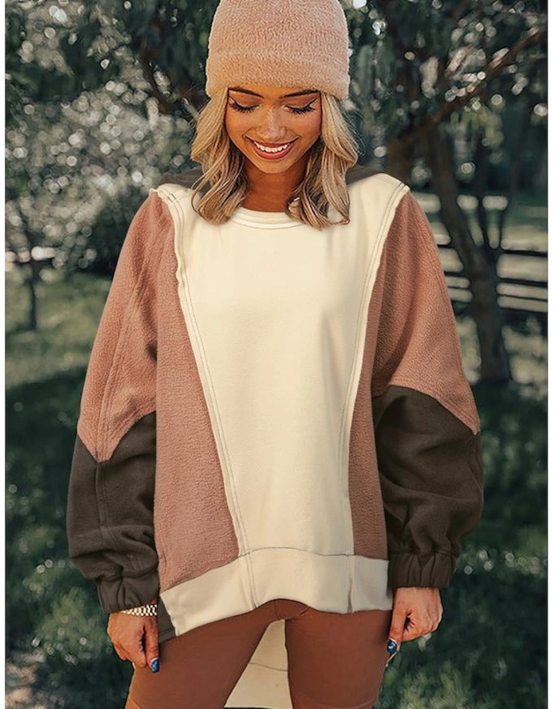 Beige Oversized Color Block Patchwork High Low Hoodie