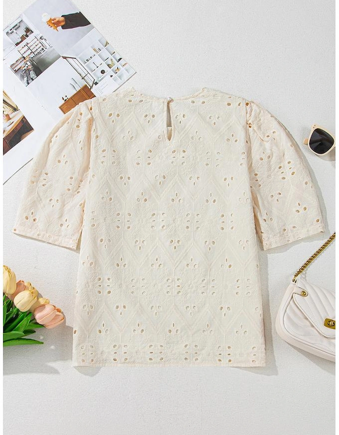 Beige Eyelet Embroidered Half Sleeve Casual Blouse