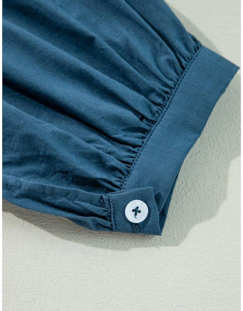 Prussian Blue 3/4 Sleeve Shirred High Waist Buttoned Mini Dress