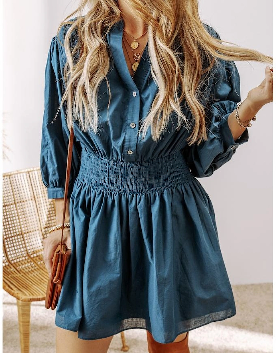 Prussian Blue 3/4 Sleeve Shirred High Waist Buttoned Mini Dress