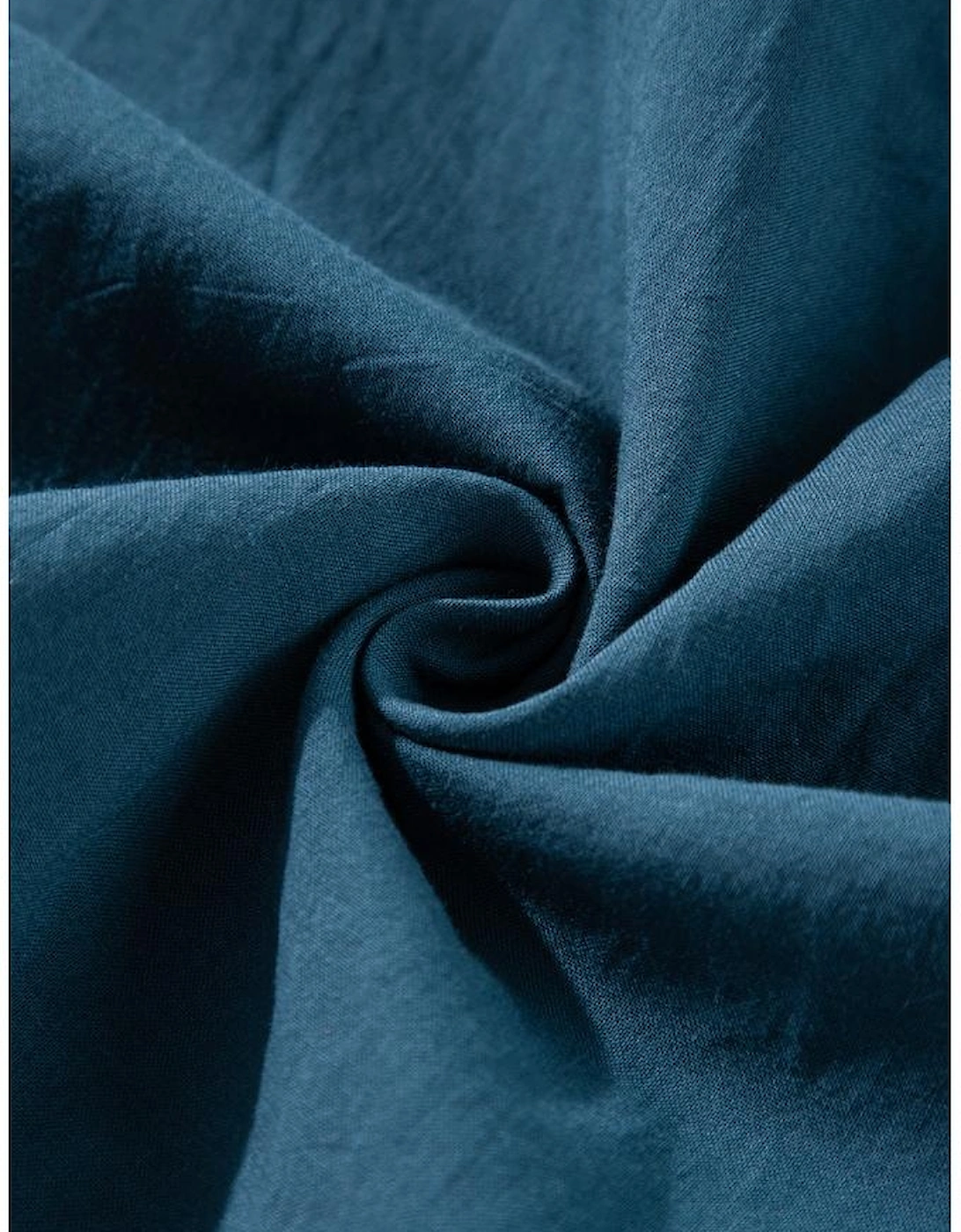 Prussian Blue 3/4 Sleeve Shirred High Waist Buttoned Mini Dress