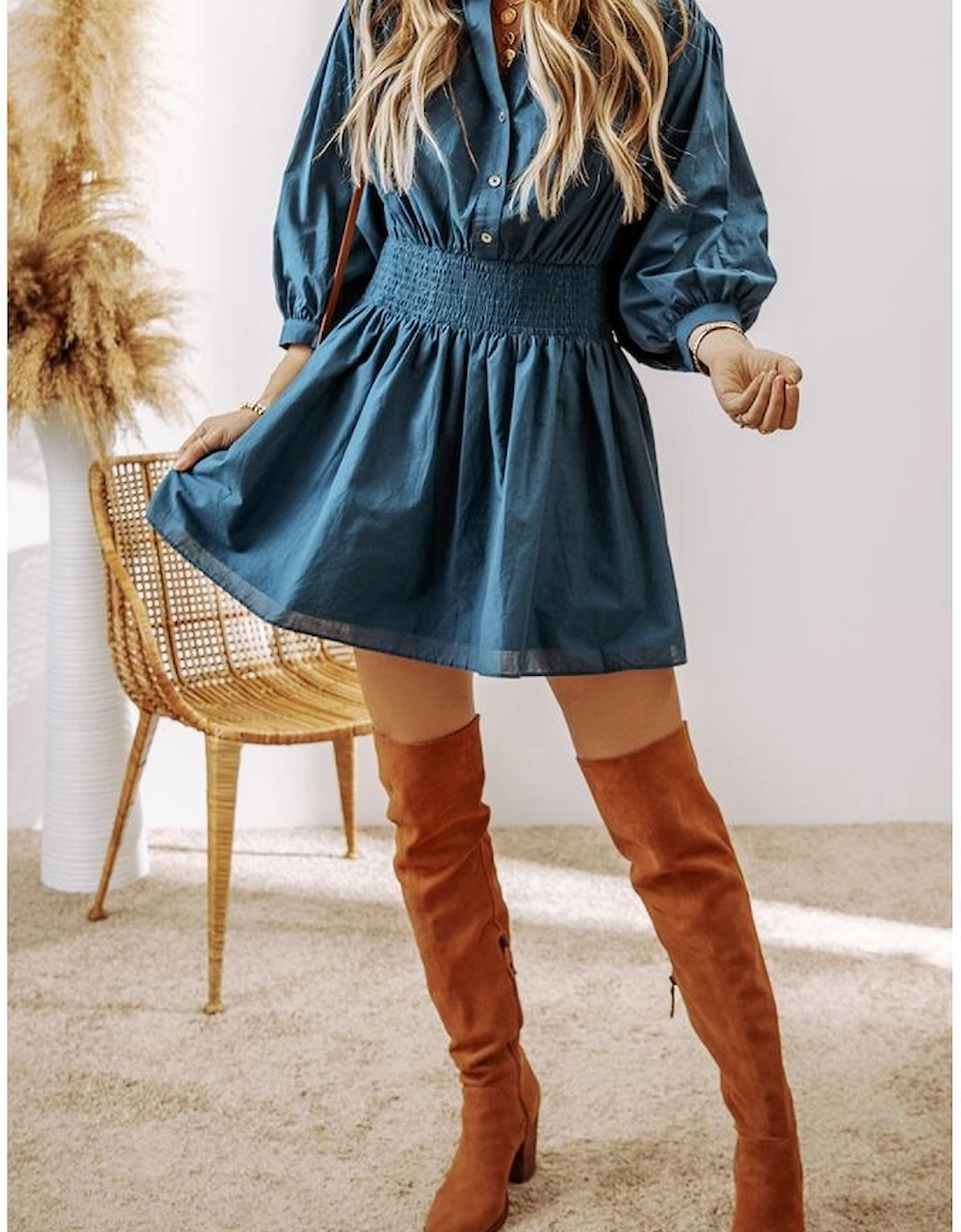Prussian Blue 3/4 Sleeve Shirred High Waist Buttoned Mini Dress