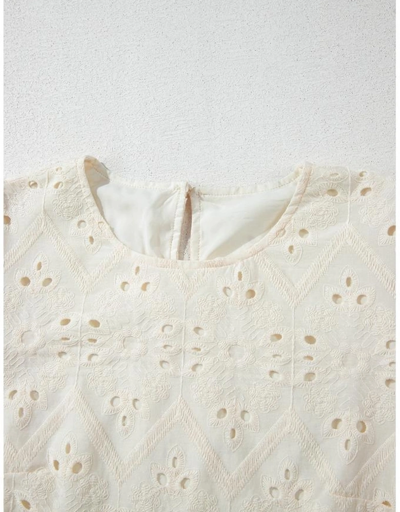 Beige Eyelet Embroidered Half Sleeve Casual Blouse