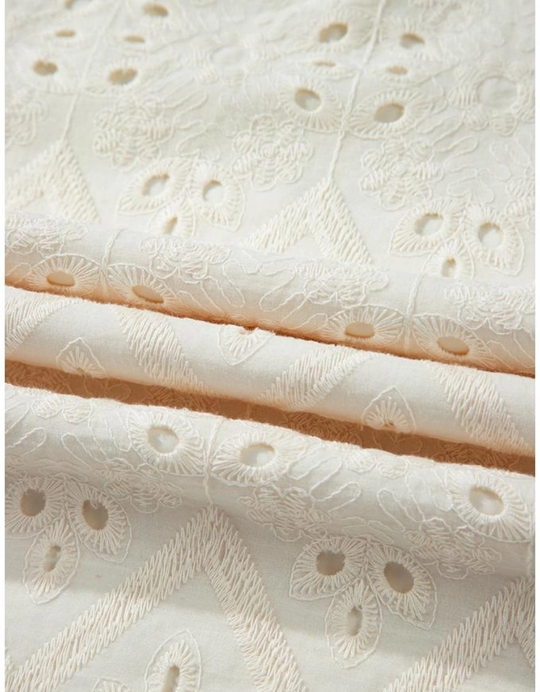 Beige Eyelet Embroidered Half Sleeve Casual Blouse