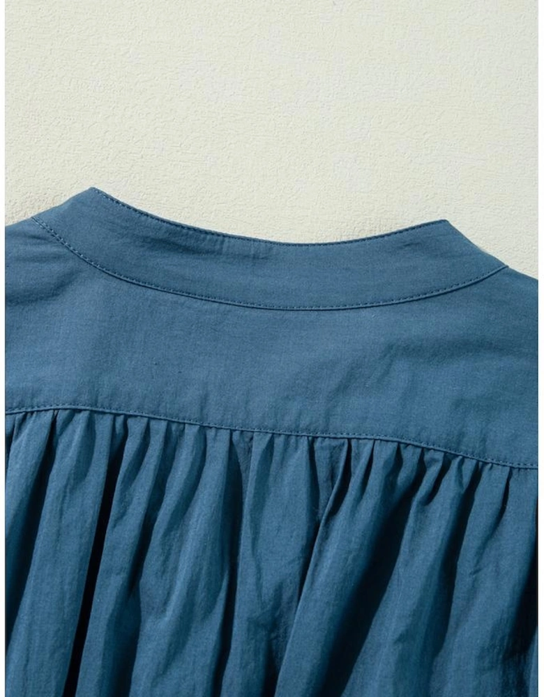 Prussian Blue 3/4 Sleeve Shirred High Waist Buttoned Mini Dress