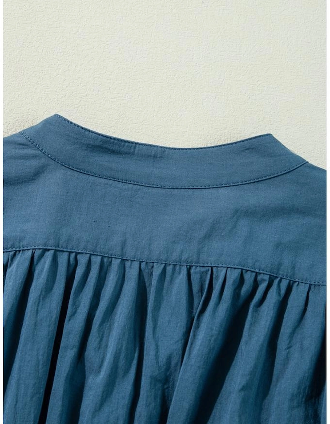 Prussian Blue 3/4 Sleeve Shirred High Waist Buttoned Mini Dress