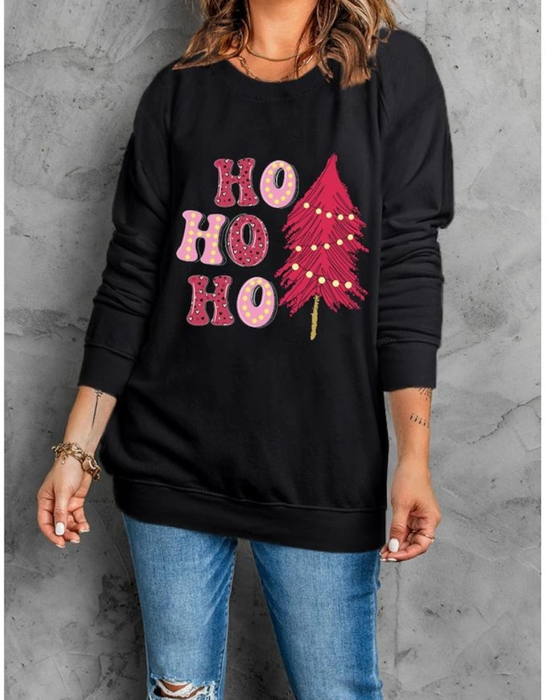 Black HO HO HO Christmas Tree Graphic Pullover Sweatshirt