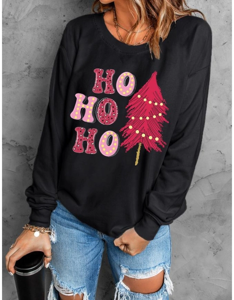 Black HO HO HO Christmas Tree Graphic Pullover Sweatshirt