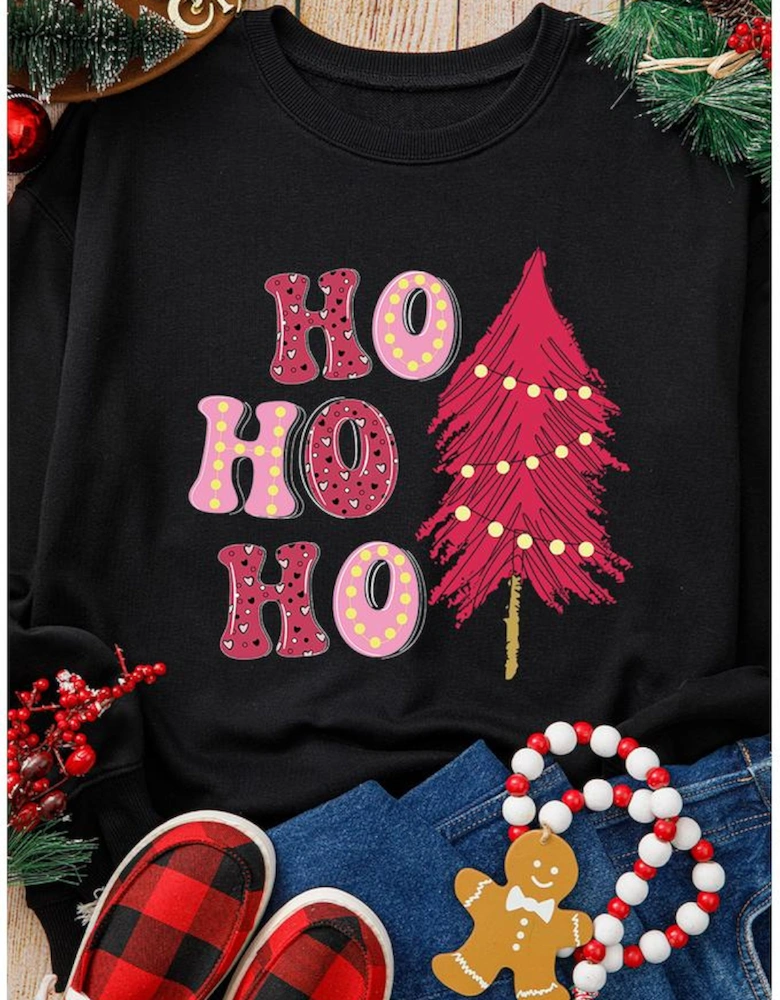 Black HO HO HO Christmas Tree Graphic Pullover Sweatshirt