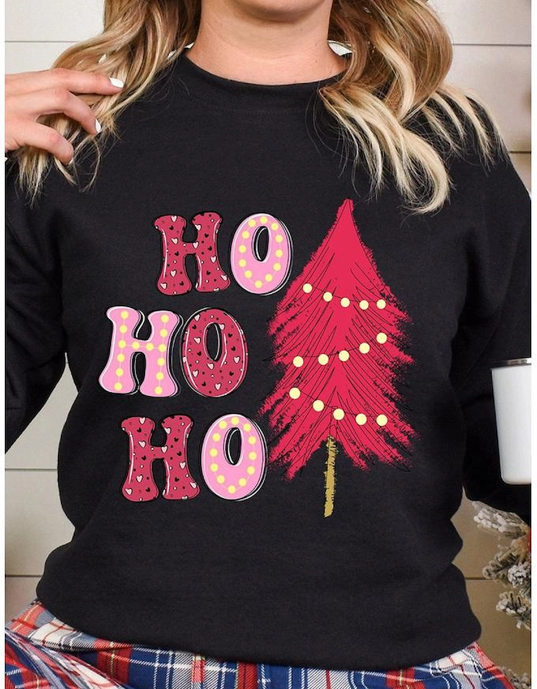 Black HO HO HO Christmas Tree Graphic Pullover Sweatshirt