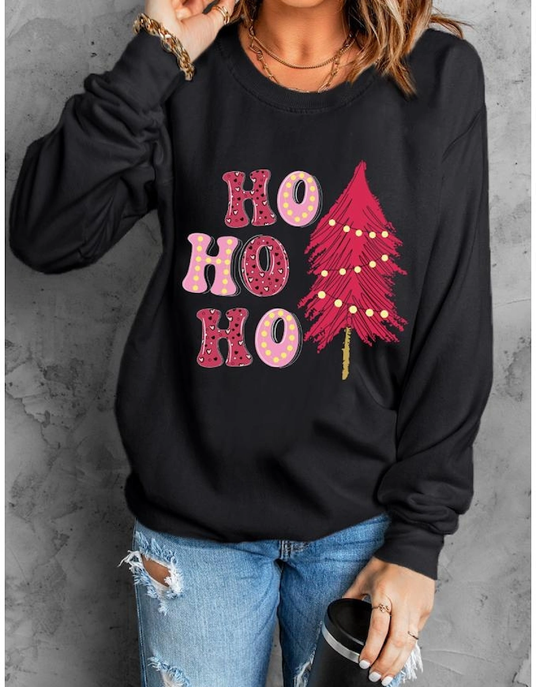 Black HO HO HO Christmas Tree Graphic Pullover Sweatshirt