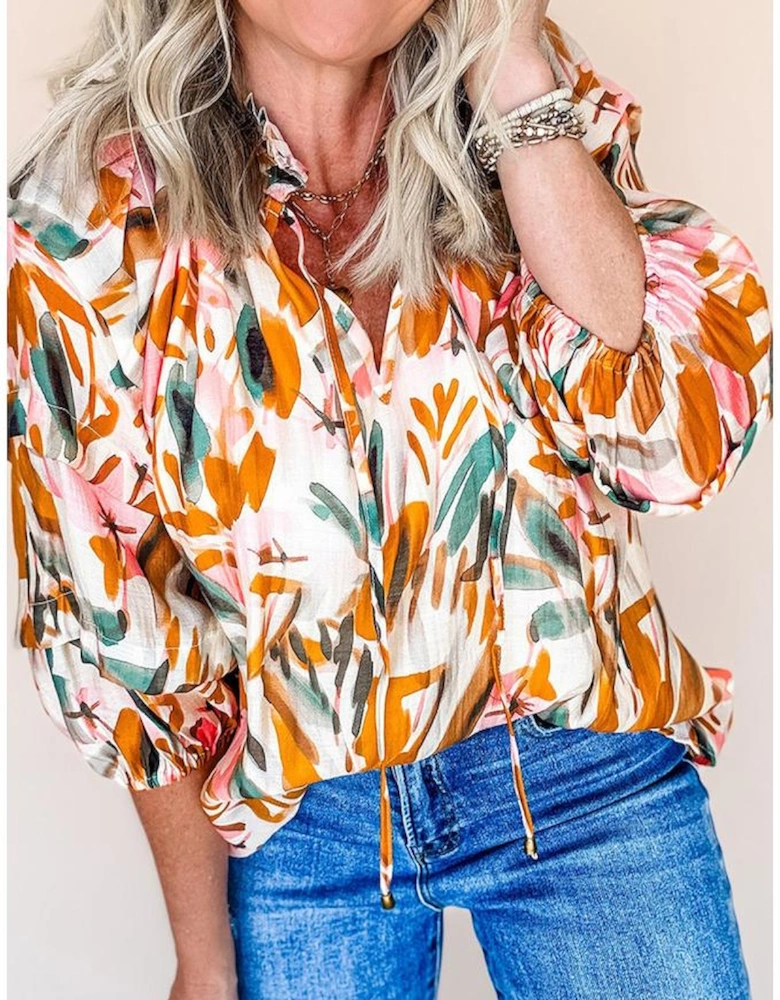 Yellow Abstract Print Drawstring Frilled V Neck 3/4 Sleeve Blouse