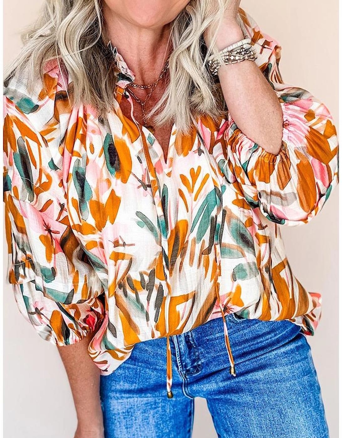 Yellow Abstract Print Drawstring Frilled V Neck 3/4 Sleeve Blouse