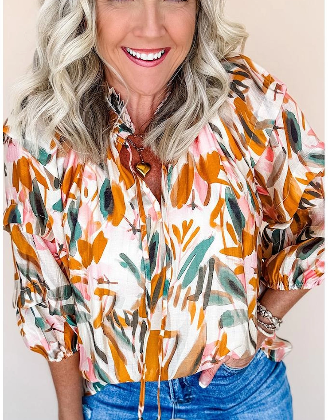 Yellow Abstract Print Drawstring Frilled V Neck 3/4 Sleeve Blouse, 5 of 4