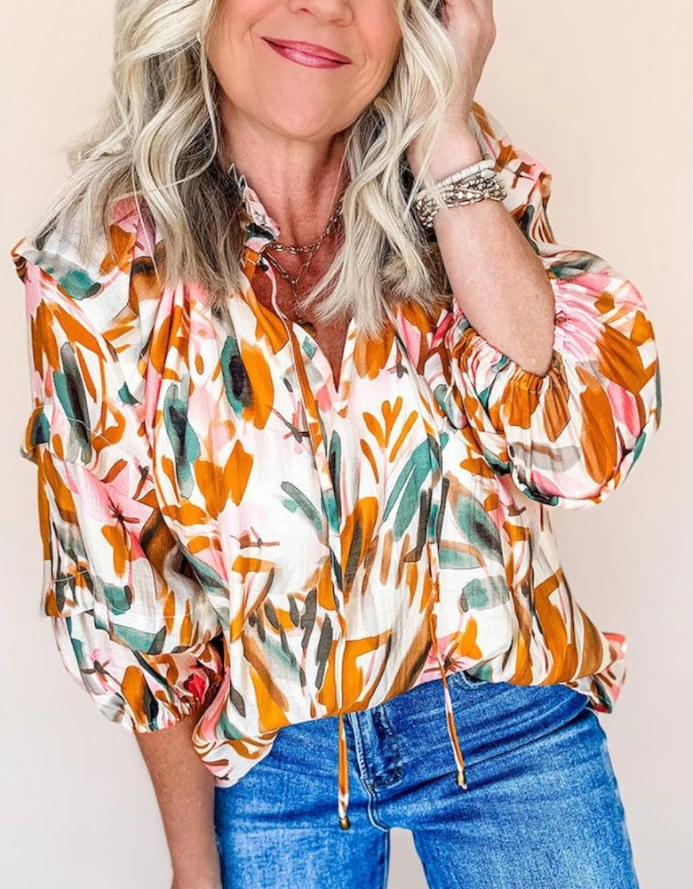 Yellow Abstract Print Drawstring Frilled V Neck 3/4 Sleeve Blouse