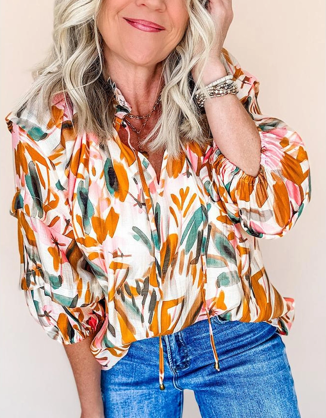 Yellow Abstract Print Drawstring Frilled V Neck 3/4 Sleeve Blouse