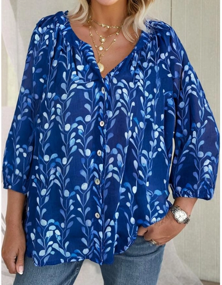 Blue Botanical Print Bracelet Sleeve Notched Neck Blouse