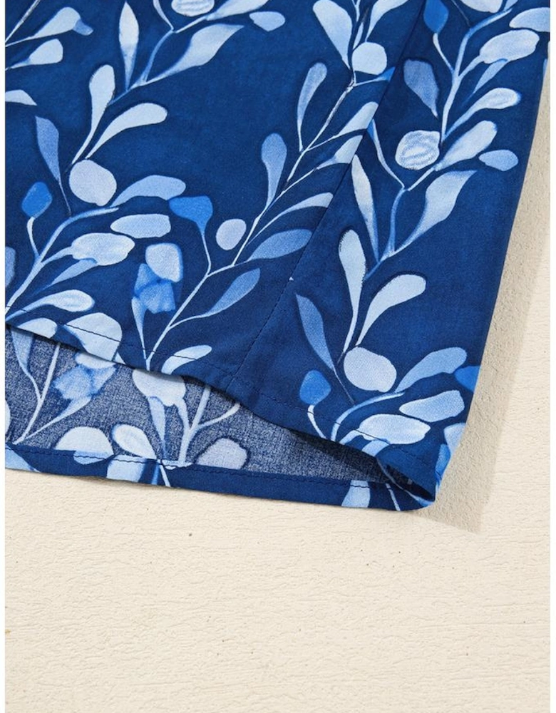 Blue Botanical Print Bracelet Sleeve Notched Neck Blouse