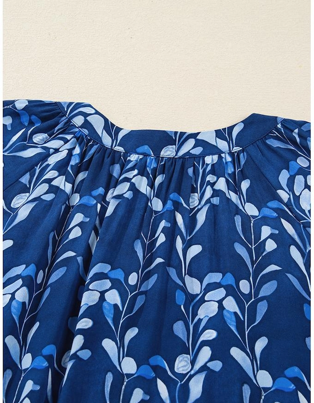 Blue Botanical Print Bracelet Sleeve Notched Neck Blouse