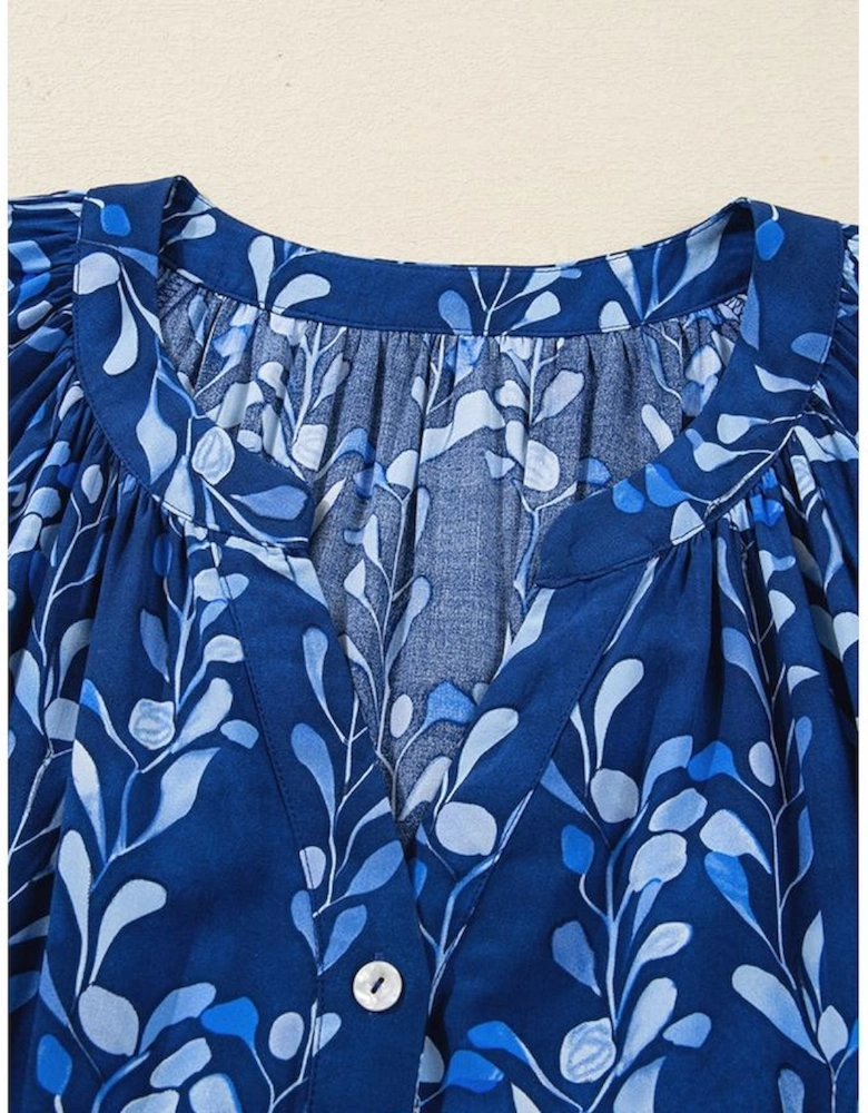 Blue Botanical Print Bracelet Sleeve Notched Neck Blouse