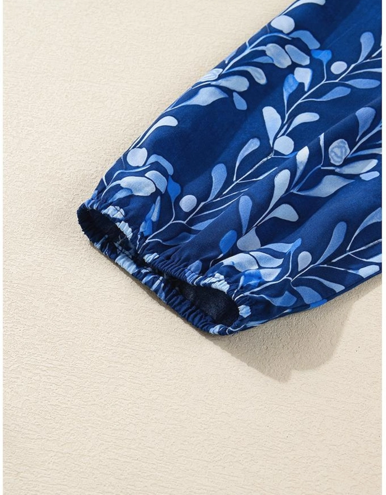 Blue Botanical Print Bracelet Sleeve Notched Neck Blouse