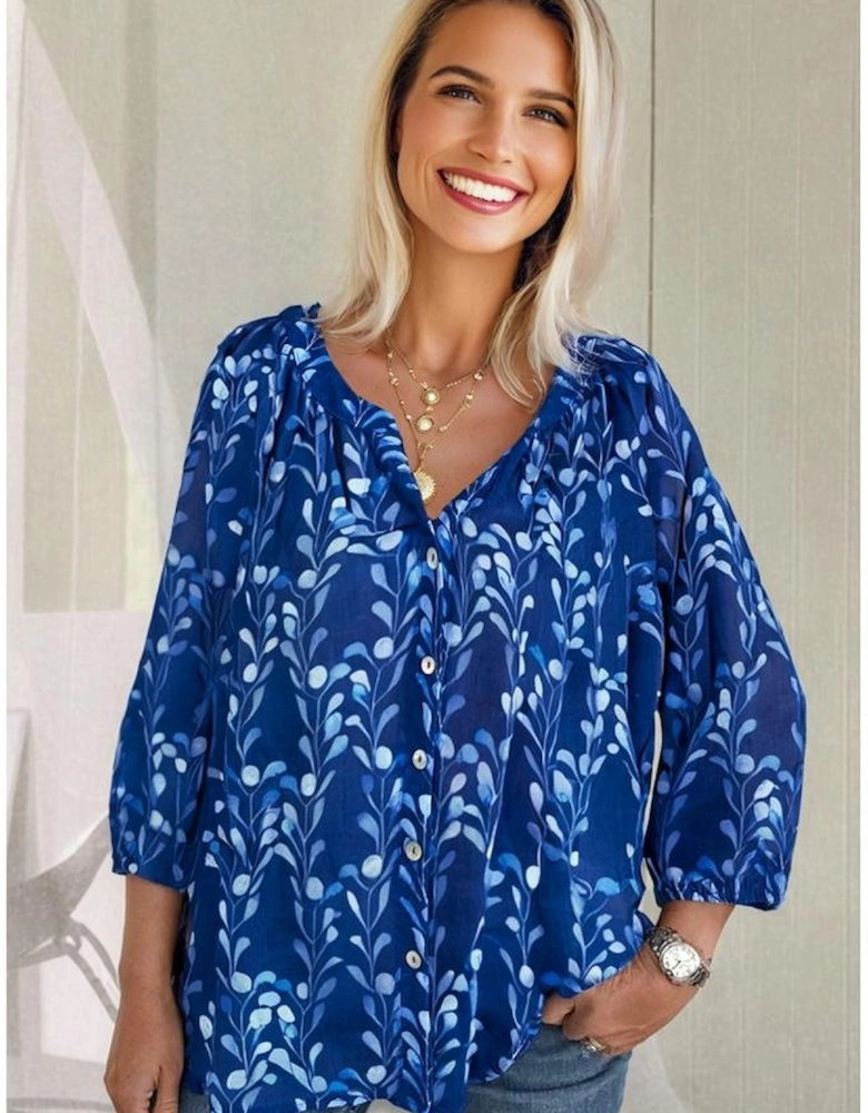 Blue Botanical Print Bracelet Sleeve Notched Neck Blouse