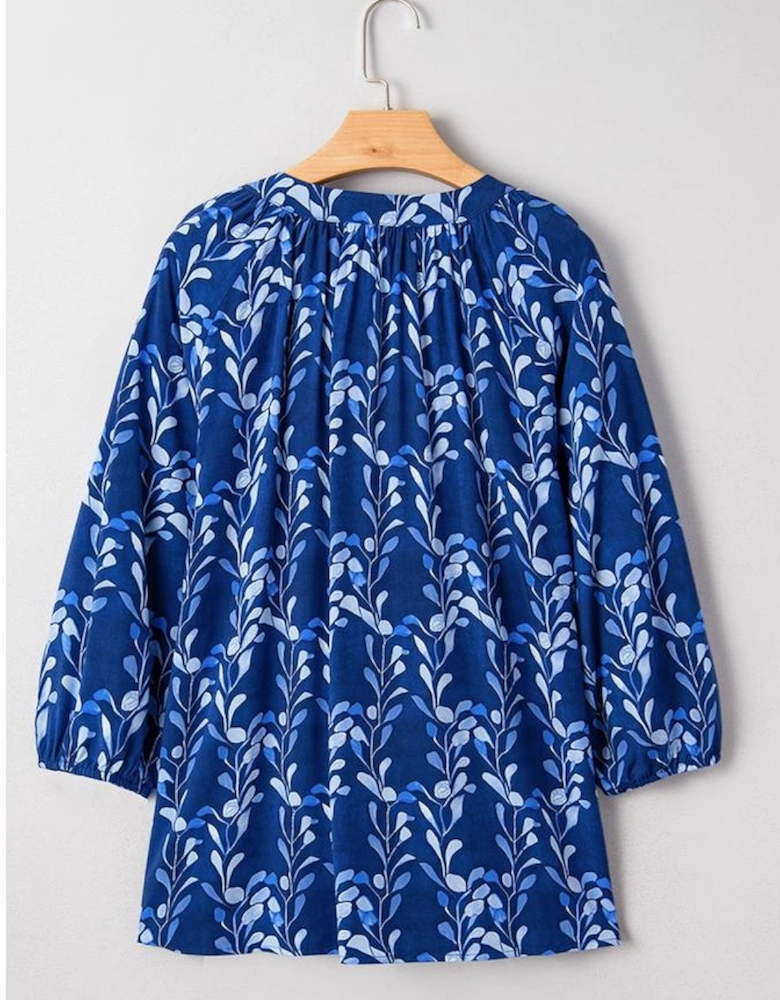 Blue Botanical Print Bracelet Sleeve Notched Neck Blouse