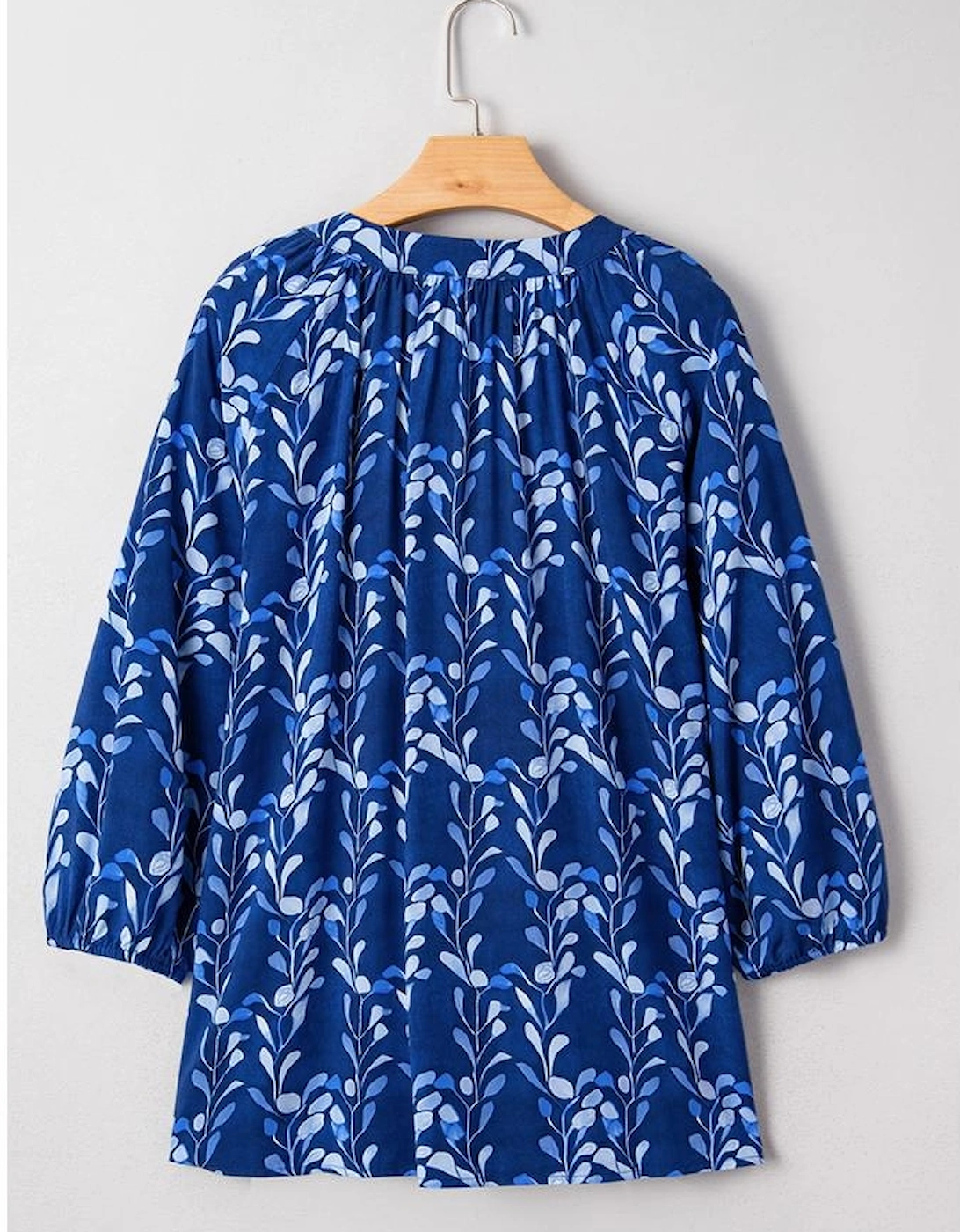 Blue Botanical Print Bracelet Sleeve Notched Neck Blouse