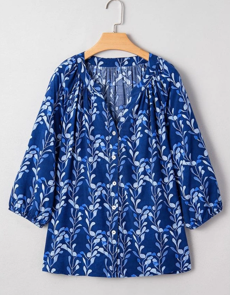 Blue Botanical Print Bracelet Sleeve Notched Neck Blouse