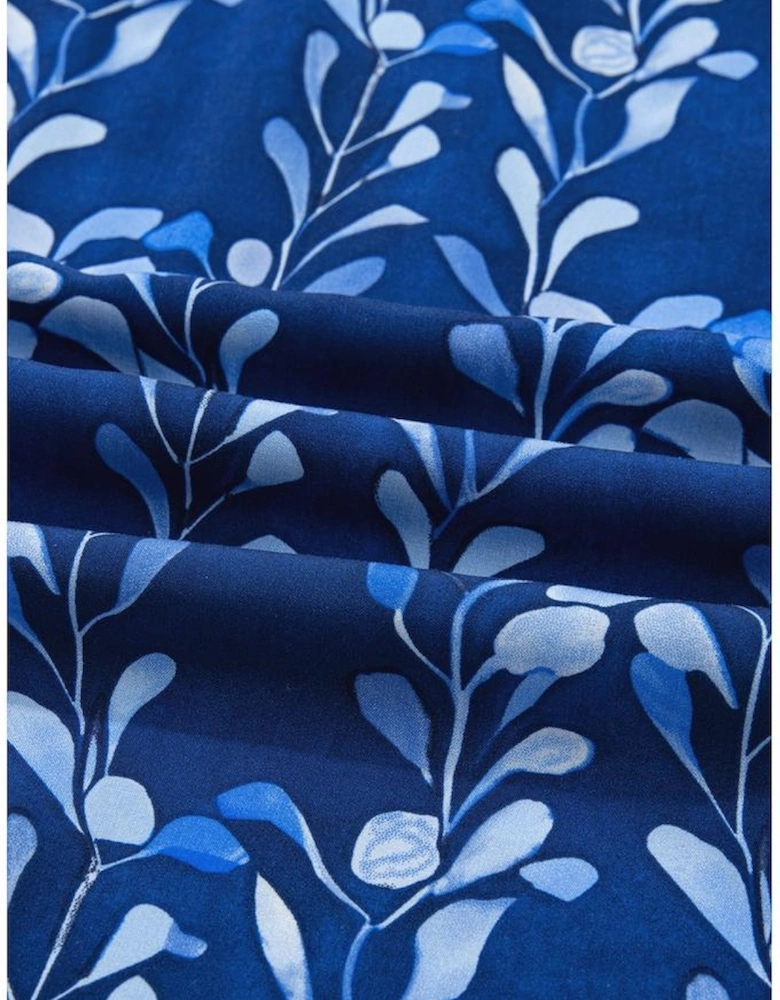 Blue Botanical Print Bracelet Sleeve Notched Neck Blouse