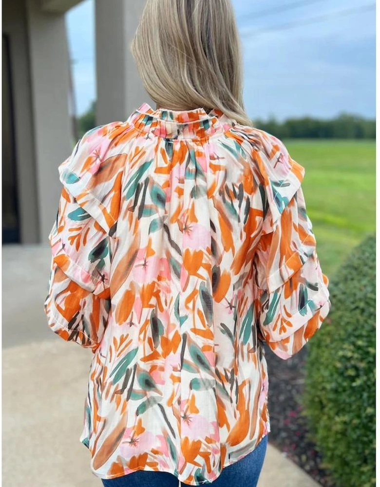 Yellow Abstract Print Drawstring Frilled V Neck 3/4 Sleeve Blouse