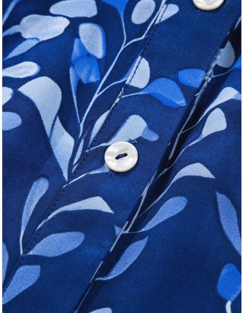 Blue Botanical Print Bracelet Sleeve Notched Neck Blouse