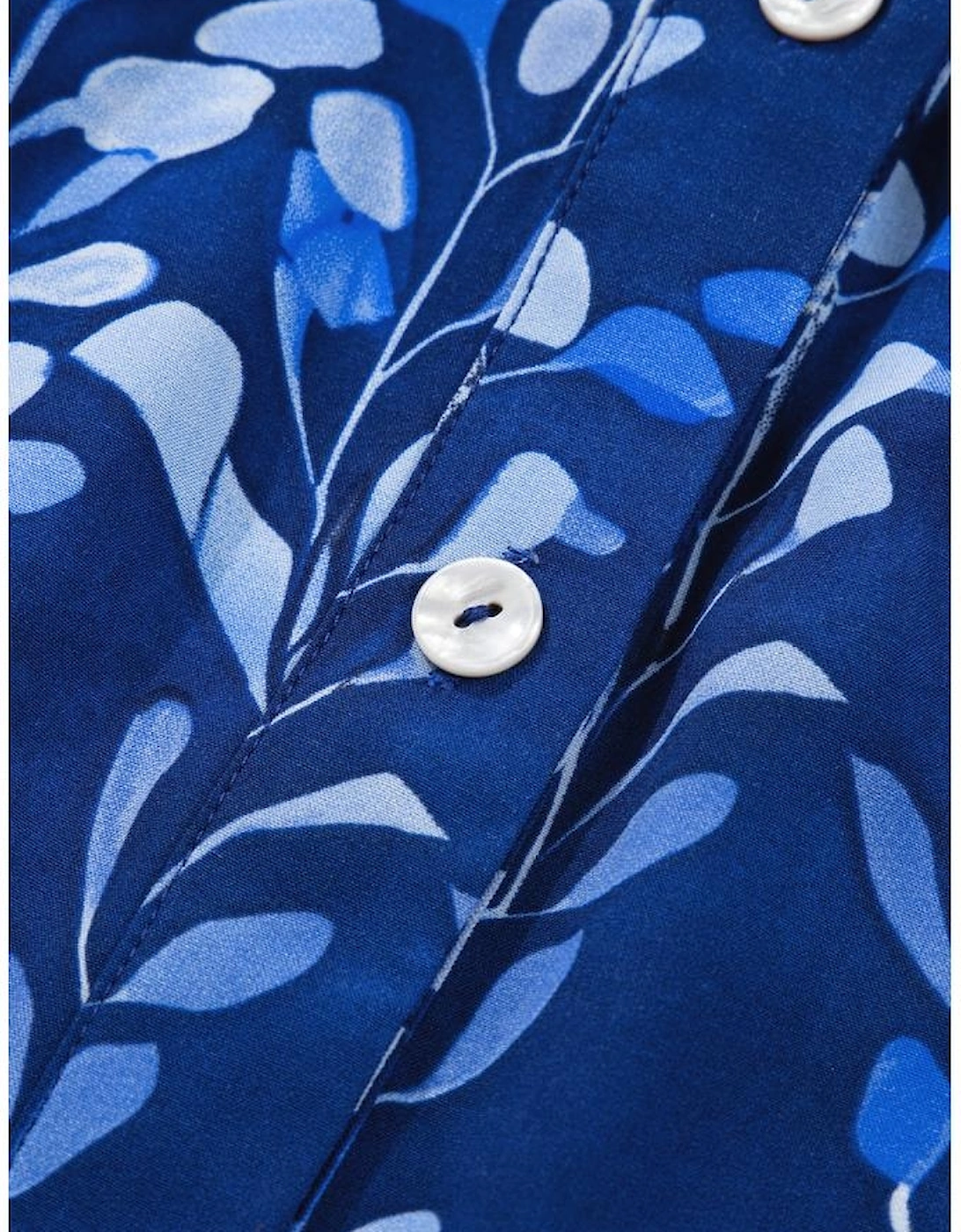 Blue Botanical Print Bracelet Sleeve Notched Neck Blouse