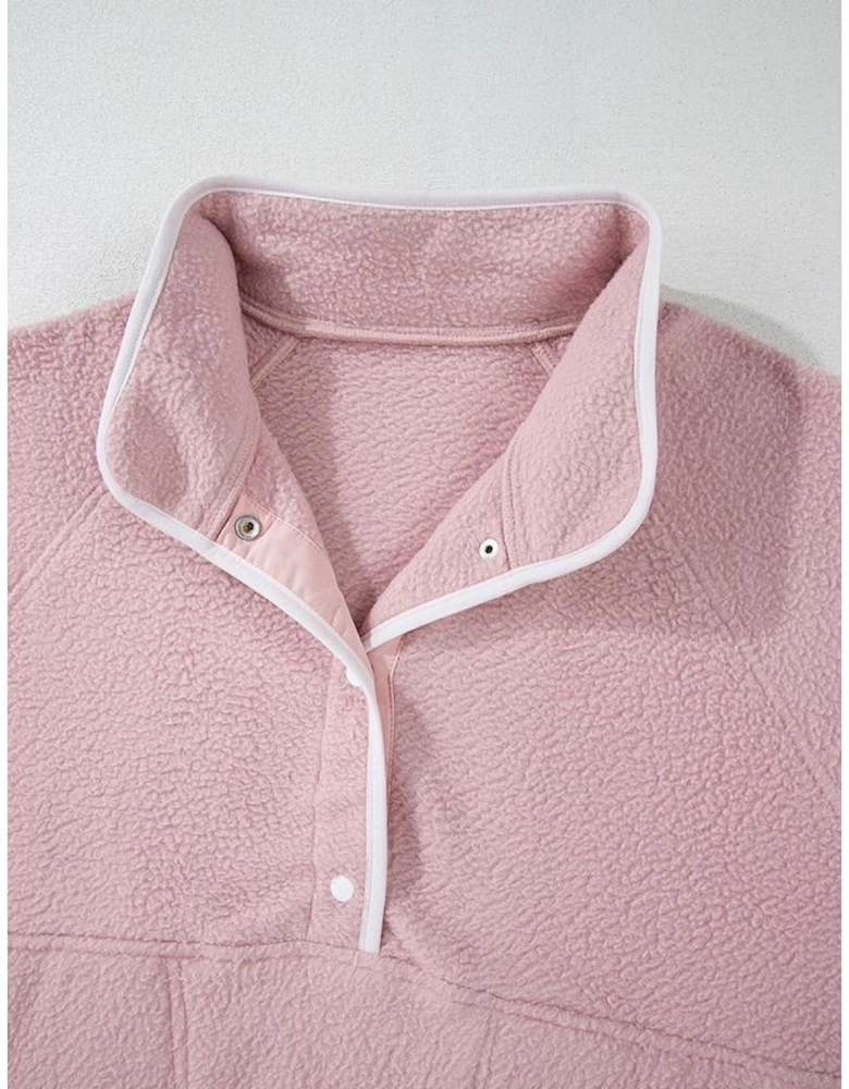Fushia Stand Neck Half Button Zip Pocket Plush Sweatshirt