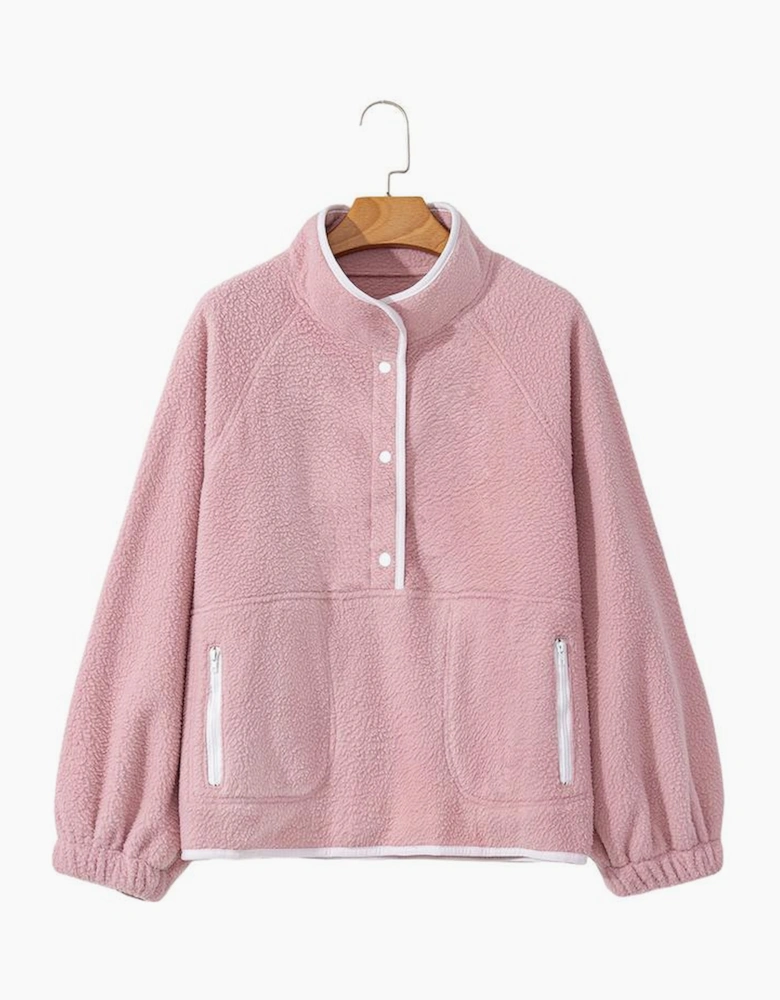 Fushia Stand Neck Half Button Zip Pocket Plush Sweatshirt