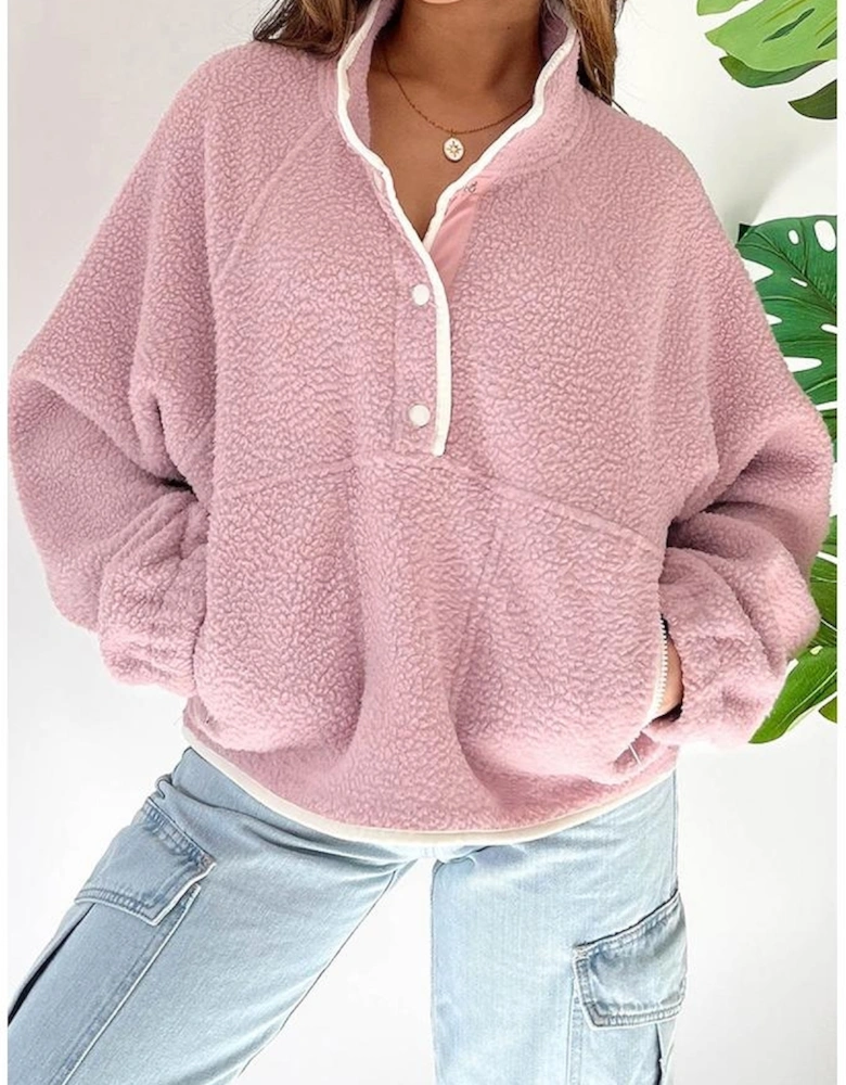 Fushia Stand Neck Half Button Zip Pocket Plush Sweatshirt