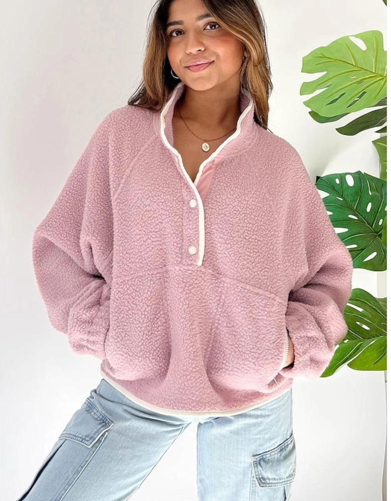 Fushia Stand Neck Half Button Zip Pocket Plush Sweatshirt