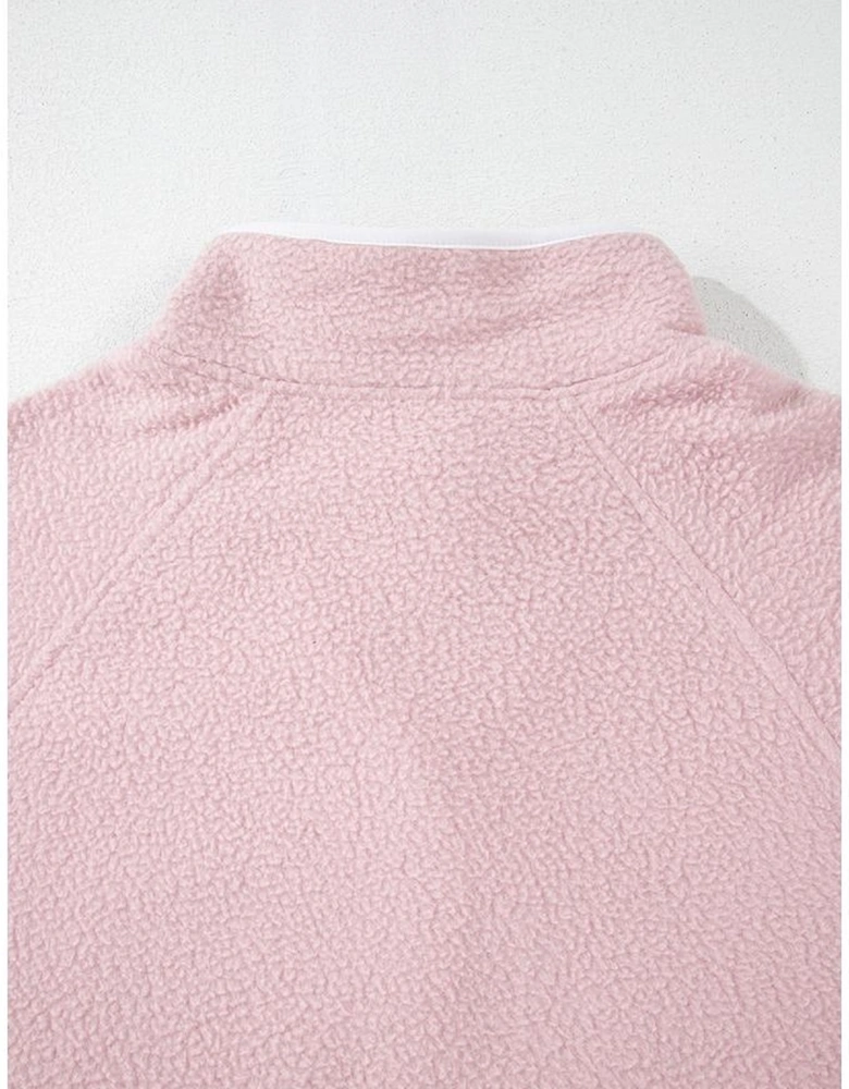 Fushia Stand Neck Half Button Zip Pocket Plush Sweatshirt