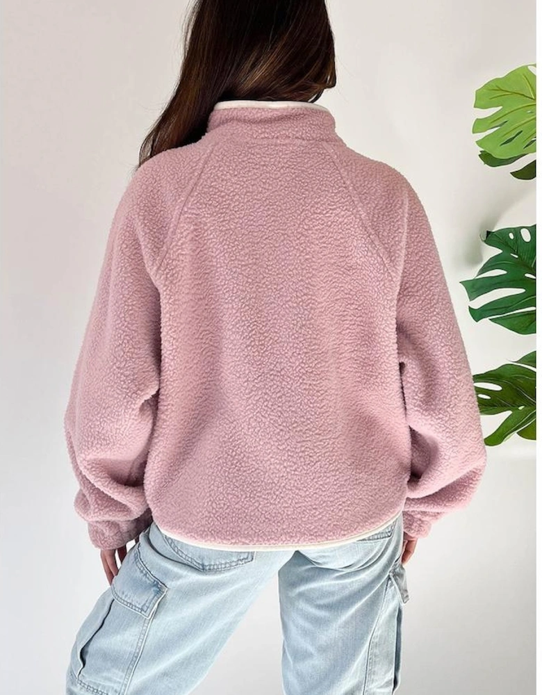 Fushia Stand Neck Half Button Zip Pocket Plush Sweatshirt