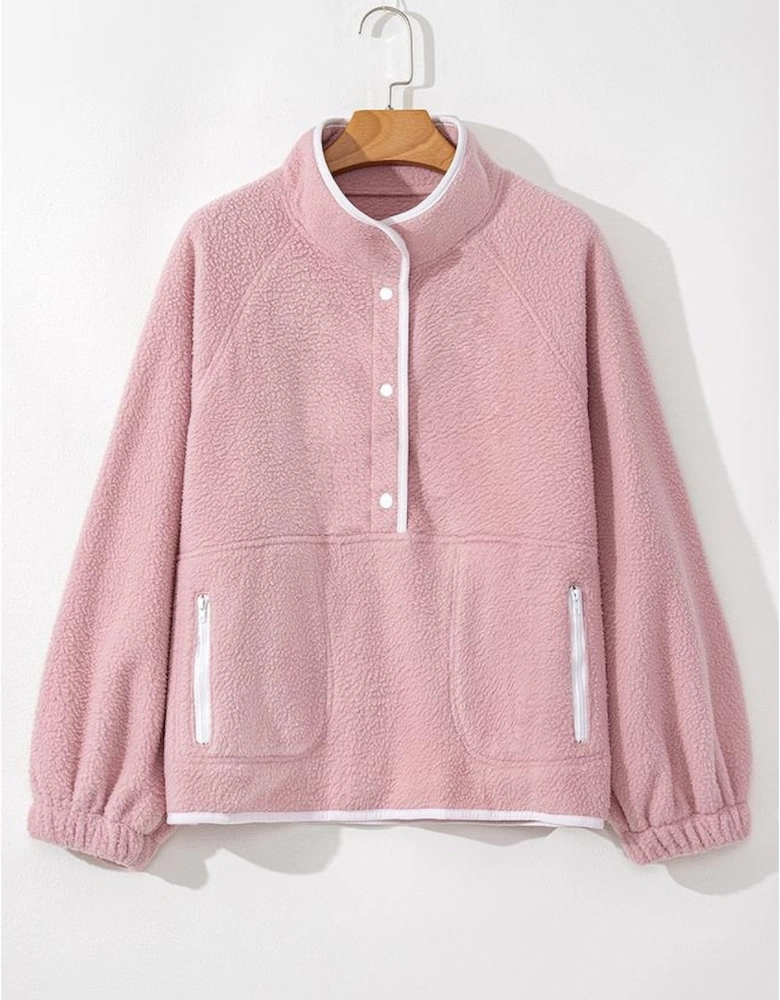 Fushia Stand Neck Half Button Zip Pocket Plush Sweatshirt
