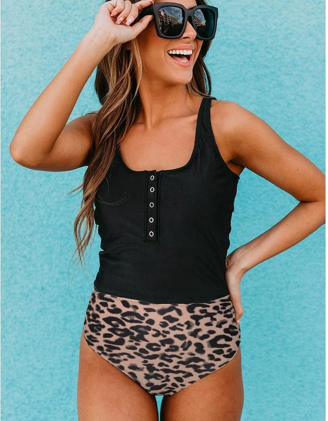 Black Square Neck Sleeveless Fashion Print Tankini Set