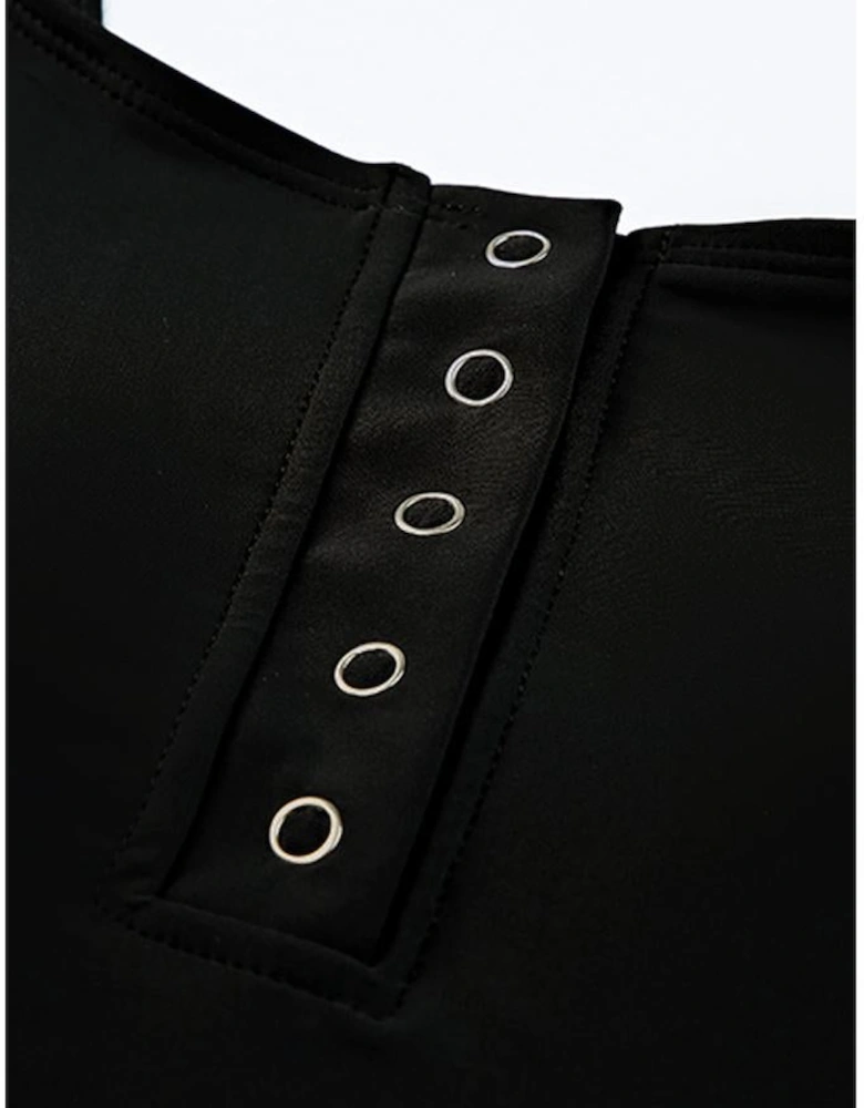 Black Square Neck Sleeveless Fashion Print Tankini Set