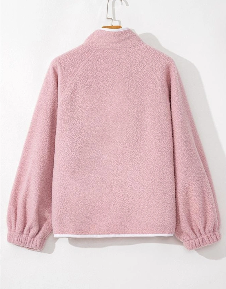 Fushia Stand Neck Half Button Zip Pocket Plush Sweatshirt