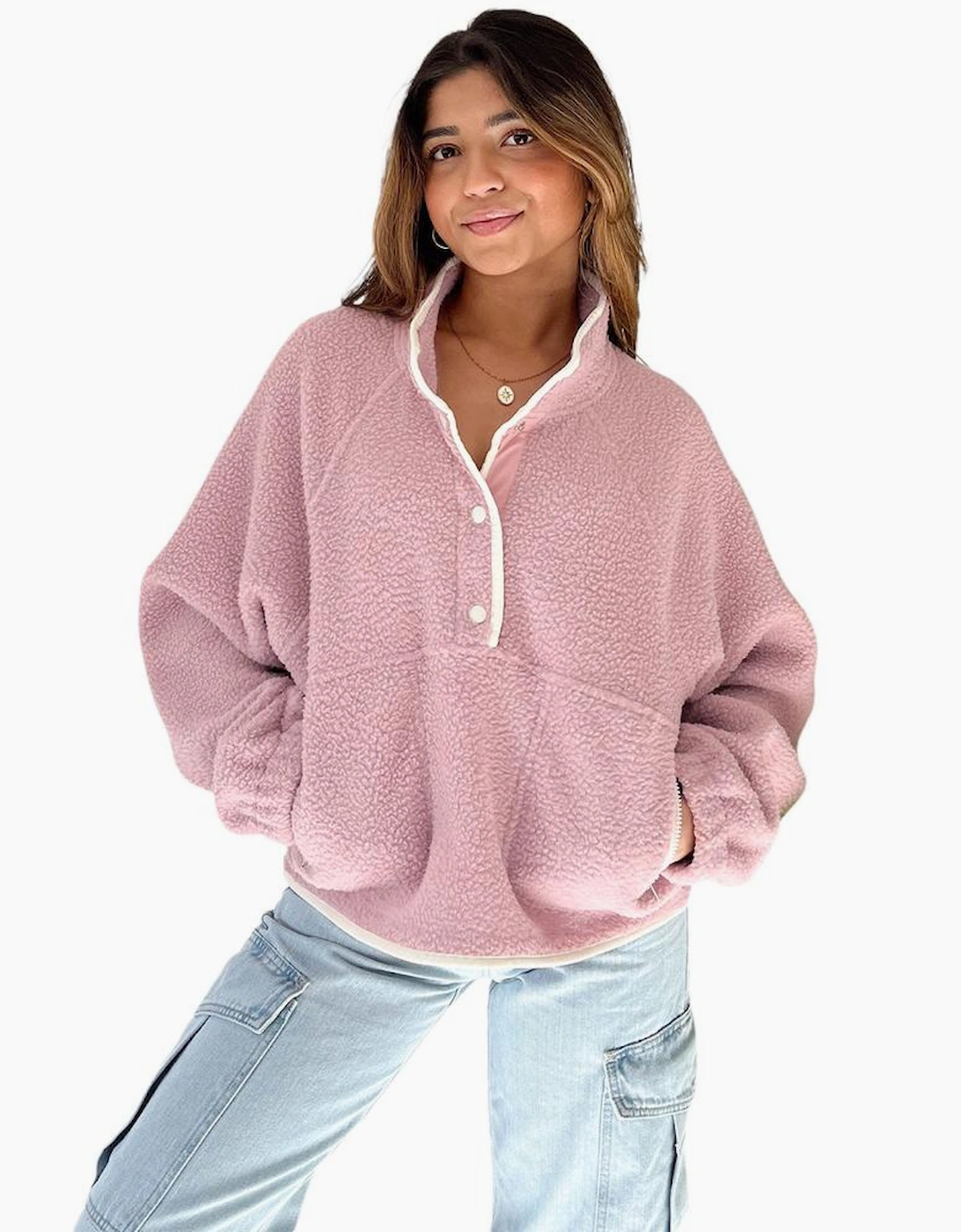 Fushia Stand Neck Half Button Zip Pocket Plush Sweatshirt
