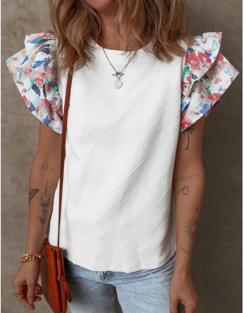 White Abstract Print Tiered Ruffled Sleeve Textured Knit Top