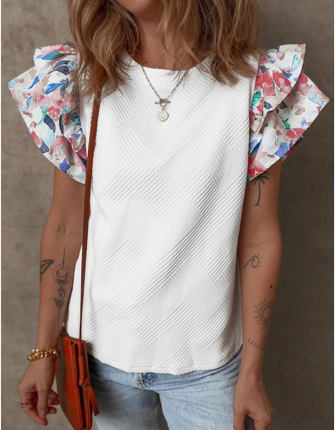 White Abstract Print Tiered Ruffled Sleeve Textured Knit Top