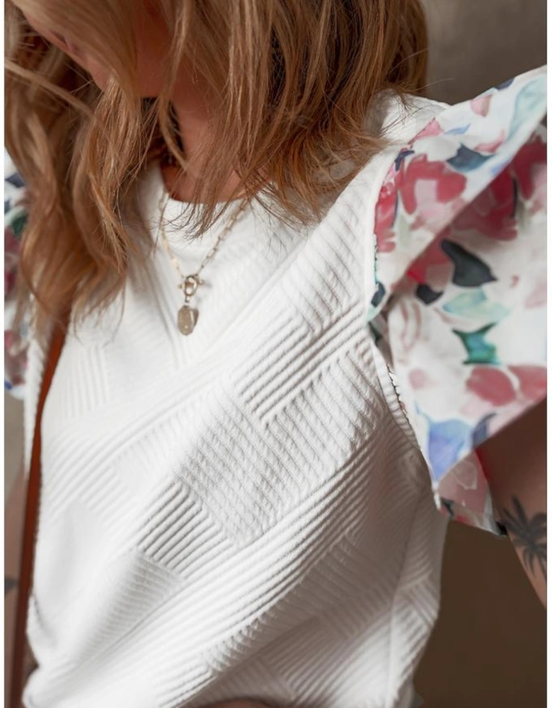 White Abstract Print Tiered Ruffled Sleeve Textured Knit Top