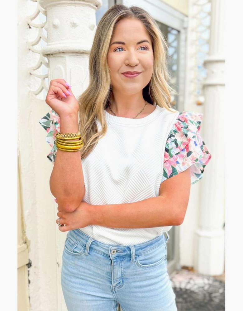 White Abstract Print Tiered Ruffled Sleeve Textured Knit Top